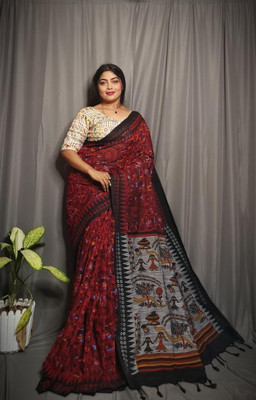 SARATHITEXTILE Hand Painted Handloom Cotton Blend Saree(Red)