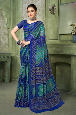 SainiVastra Printed Bandhani Chiffon Saree(Blue)