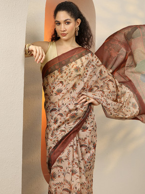 LIBAS Printed Daily Wear Silk Blend Saree(Beige)