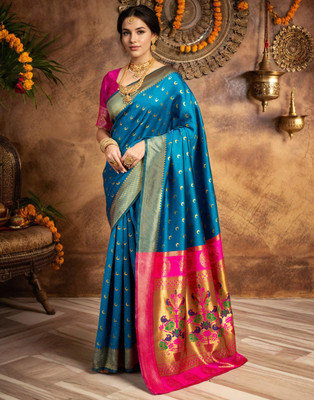 LeeliPeeri Designer Printed Paithani Cotton Silk Saree(Blue)