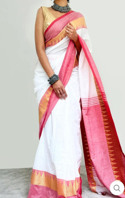 Sthaker Woven Tant Cotton Blend Saree(White)