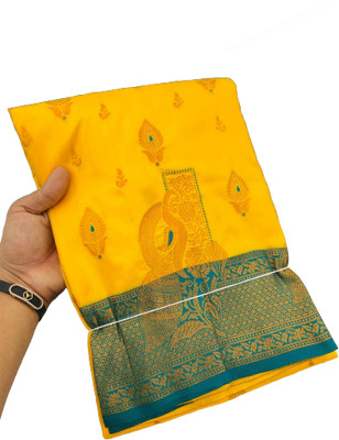 MOON VOGUE Self Design Banarasi Silk Blend Saree(Yellow)