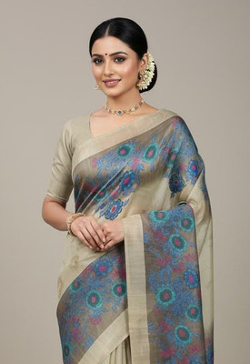 Anugrah Textile Printed Banarasi Lycra Blend, Chiffon Saree(Grey, Blue)