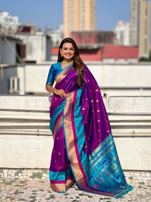 all about you Graphic Print Paithani Silk Blend Saree(Multicolor)