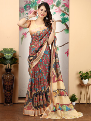 Anouk Rustic Printed Baluchari Cotton Linen Saree(Brown)
