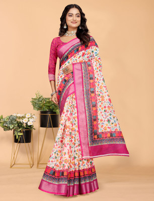 HangerStories Printed Kanjivaram Pure Cotton, Cotton Linen Saree(Pink)
