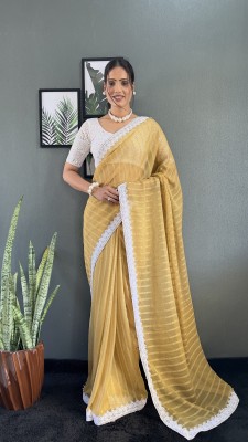 Apnisha Striped Bollywood Chiffon Saree(Yellow)