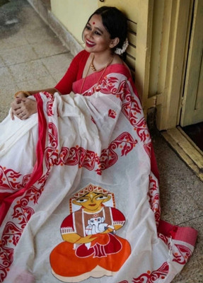 Amita Collections Printed Bollywood Cotton Blend Saree(White)