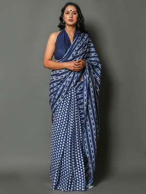 BUTA BUTI Geometric Print Daily Wear Cotton Blend Saree(Blue)
