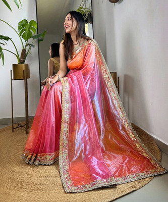 ShivGori Embroidered Bollywood Tissue, Silk Blend Saree(Pink)