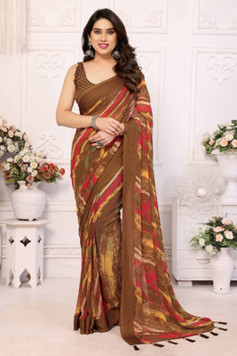 Peachmode Printed, Striped Bollywood Georgette Saree(Brown)