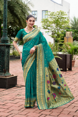 Pandadi Saree Printed Paithani Cotton Silk Saree(Green)