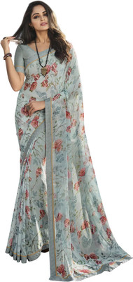 ROOP SUNDARI SAREES Floral Print Bollywood Georgette, Chiffon Saree(Light Blue)