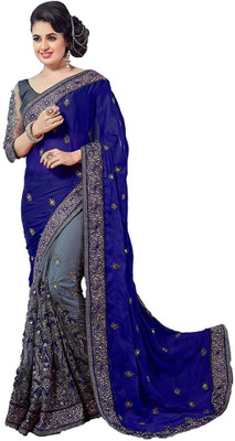 less than three Embroidered Bollywood Silk Blend, Net Saree(Blue)