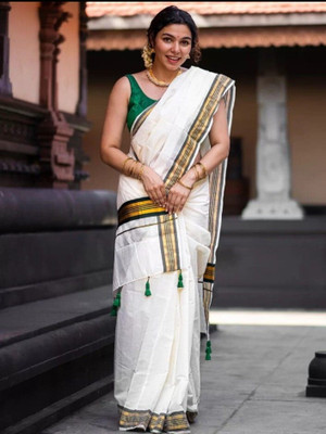 DIYASCREATIONS Solid/Plain Kasavu Handloom Pure Cotton Saree(White)