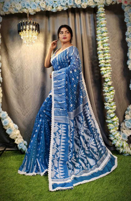 RJSC Woven Jamdani Cotton Silk Saree(Blue)