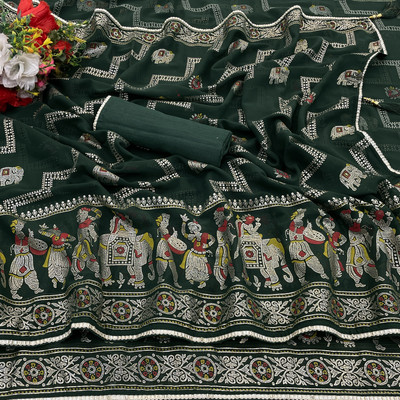 PIYA DESIGNER Geometric Print Manipuri Georgette Saree(Dark Green)