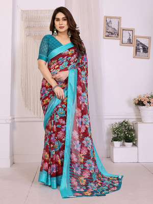 Anand Sarees Floral Print Bollywood Georgette Saree(Maroon, Light Blue)