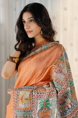 Hufflepuff Digital Print Chanderi Cotton Linen Saree(Orange)