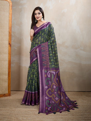 BINAKA FASHION Printed Daily Wear Jacquard, Cotton Linen Saree(Dark Green, Purple)