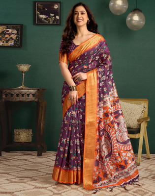 Satrani Printed, Woven, Embellished Kalamkari Tussar Silk Saree(Multicolor)