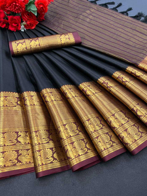 KREZVI Woven Narayanpet Jacquard, Cotton Silk Saree(Dark Blue)