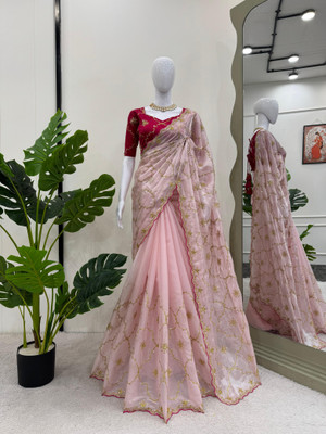 Sajavat Embroidered, Embellished, Woven Bollywood Jimmy choo Saree(Pink)