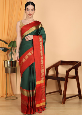 Hashir textile Embroidered Banarasi Cotton Silk Saree(Dark Green)