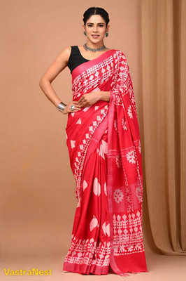 VastraNest Printed Hand Batik Cotton Linen Saree(Red)