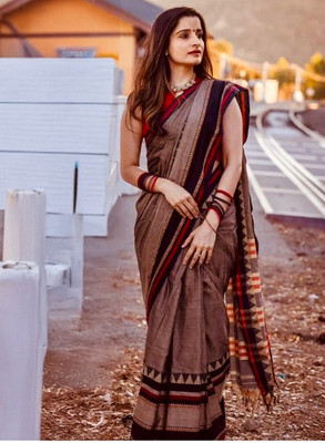 PRAVATI FASHION Printed Bollywood Pure Cotton Saree(Brown)