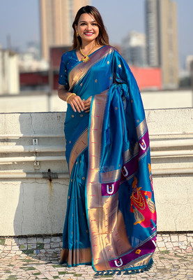 SICHYAH Woven, Self Design Paithani Pure Silk Saree(Blue)