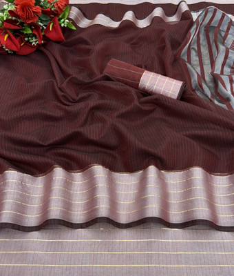 HouseOfCommon Solid/Plain Kasavu Cotton Linen Saree(Maroon)