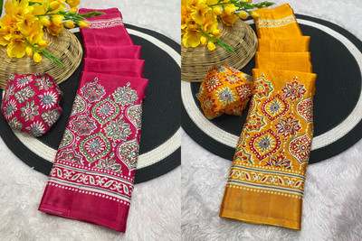 Clever Clothing Printed, Floral Print, Paisley, Blocked Printed, Woven Bollywood Dupion Silk, Silk Blend Saree(Pack of 2, Pink, Yellow)