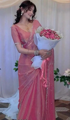 SPIRISA Embellished Bollywood Organza Saree(Pink)