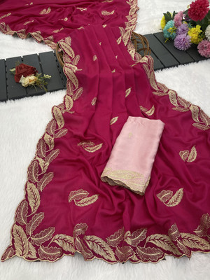 Ethina Fashion Embroidered Bollywood Chiffon Saree(Pink)