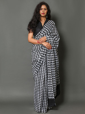 BUTA BUTI Geometric Print Daily Wear Cotton Blend Saree(White)