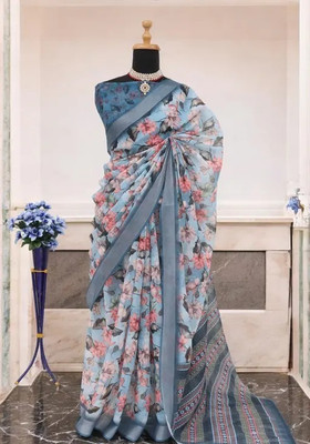 VCREATION Digital Print Bollywood Cotton Linen Saree(Multicolor)