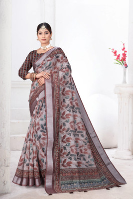 Mugdarra Geometric Print Daily Wear Linen Saree(Multicolor)