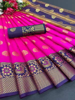 Krishna Enterprise Woven Banarasi Cotton Silk Saree(Purple)