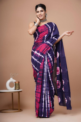 Om Traders Printed Saree with Attached Blouse Cotton Silk Saree(Blue, Pink)
