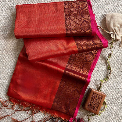 sourav biswas Self Design Handloom Tissue Saree(Red)
