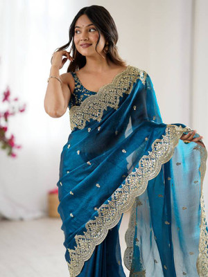 Verviza Embroidered, Embellished, Floral Print Bollywood Jimmy choo Saree(Dark Blue)