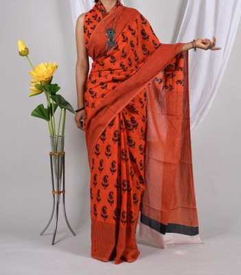 Threadier Printed Bollywood Pure Cotton Saree(Orange)