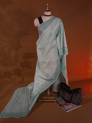 MIKHUBOUTIQUE Floral Print, Embroidered Daily Wear Cotton Blend Saree(Light Blue)