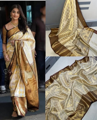 Mkfabrics Woven Banarasi Silk Blend, Art Silk Saree(Cream)