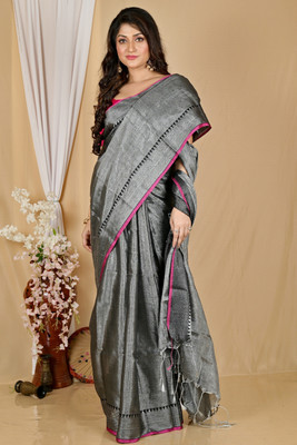 DipDiya Solid/Plain, Self Design, Embellished, Woven Handloom Cotton Blend Saree(Grey)