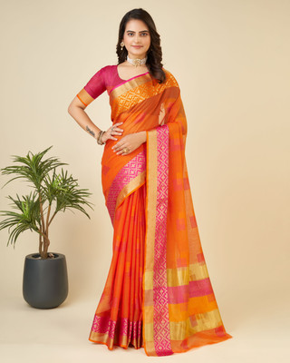 Yogik Creation Floral Print Banarasi Cotton Blend Saree(Orange)