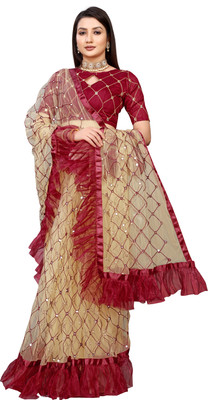 LOXA Embroidered Banarasi Net Saree(Cream)