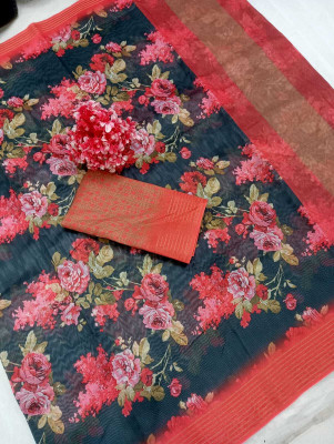 HouseOfCommon Floral Print Kanjivaram Chanderi, Pure Silk Saree(Multicolor)