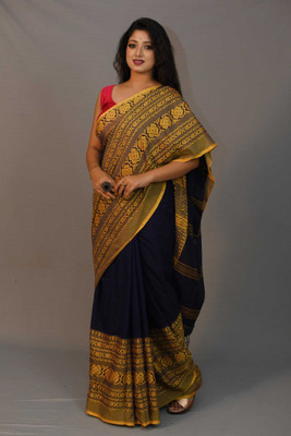 ADbutiq Printed, Woven Bollywood Cotton Blend Saree(White)